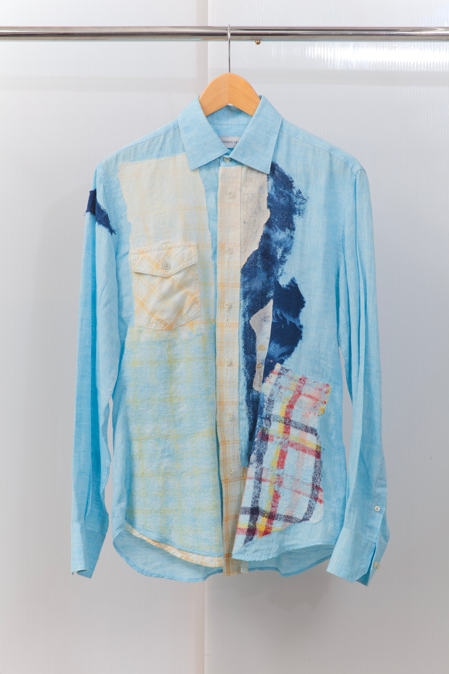 Men's long Sleeve Linen Blue Shirt with Plaid Felting