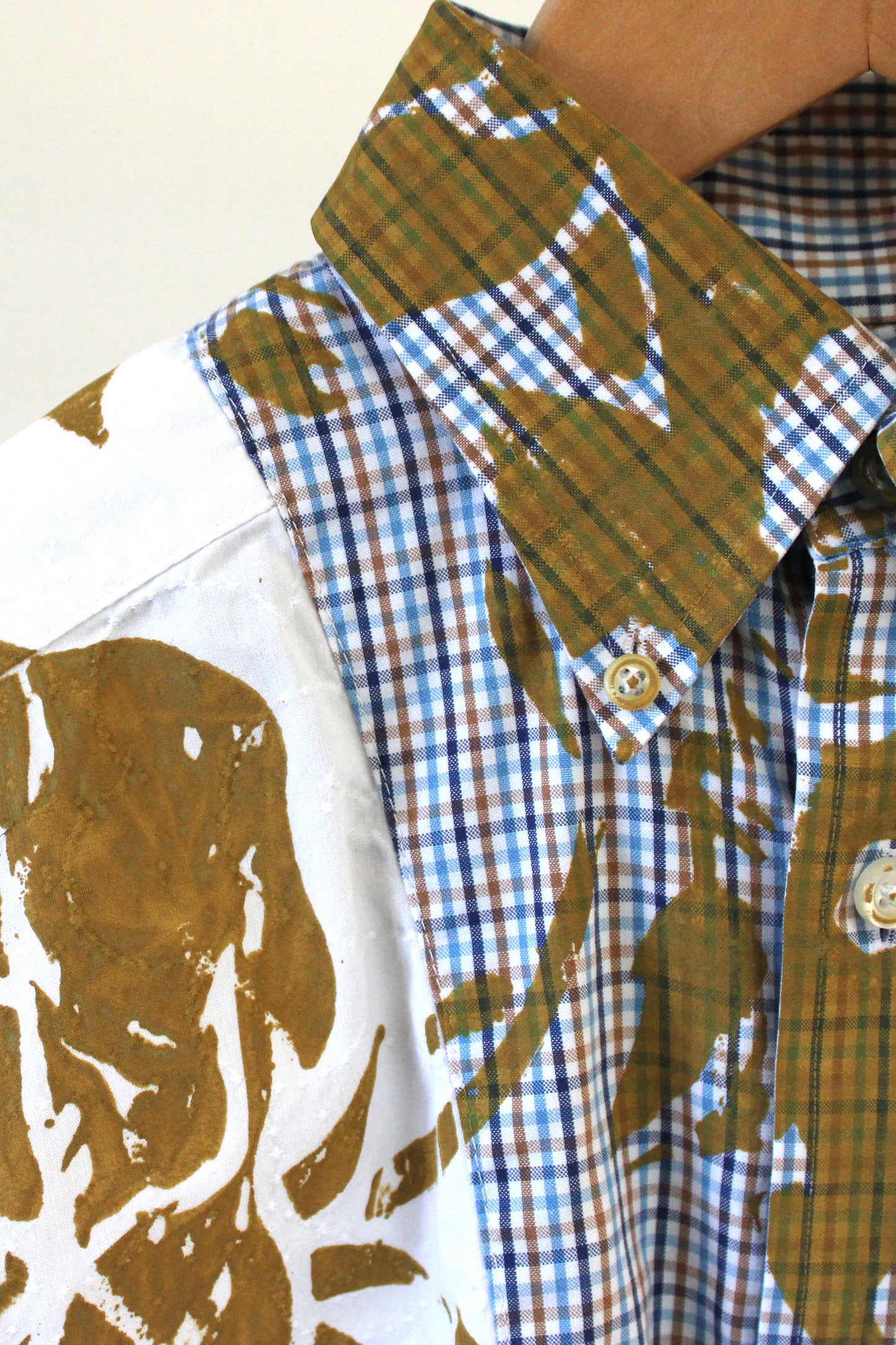 Men's Long Sleeve Cotton Shirt Blue/ White Button-up with One-of-a-kind Beige Print