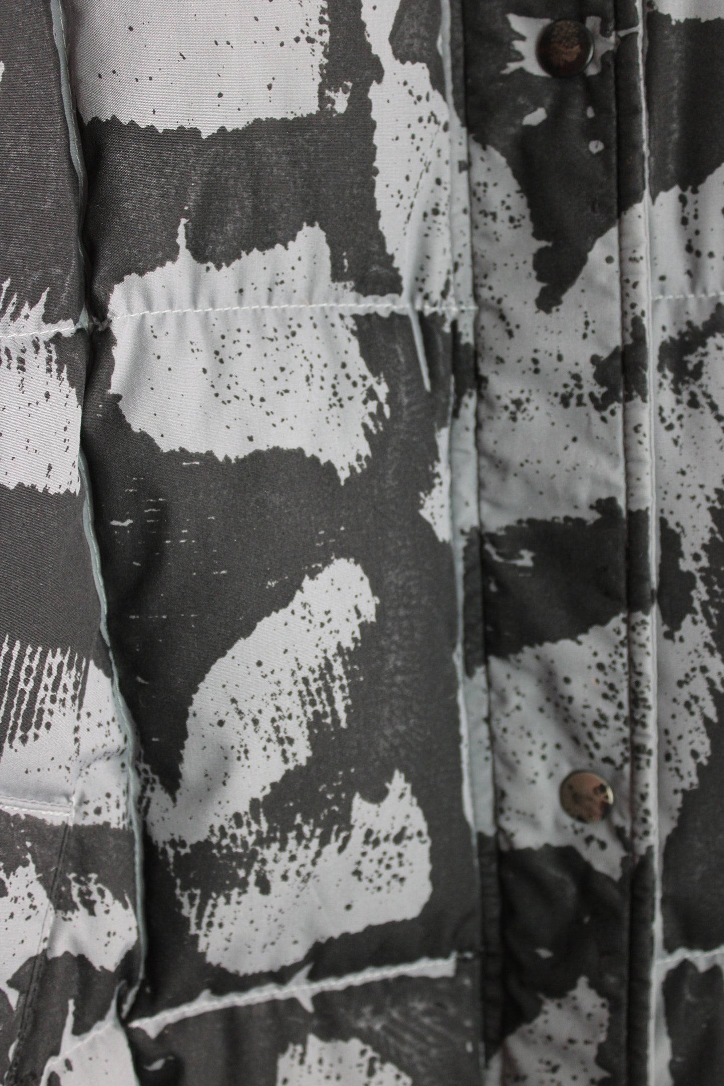 Grey Down Puffer Coat with Black Abstract Feather Print
