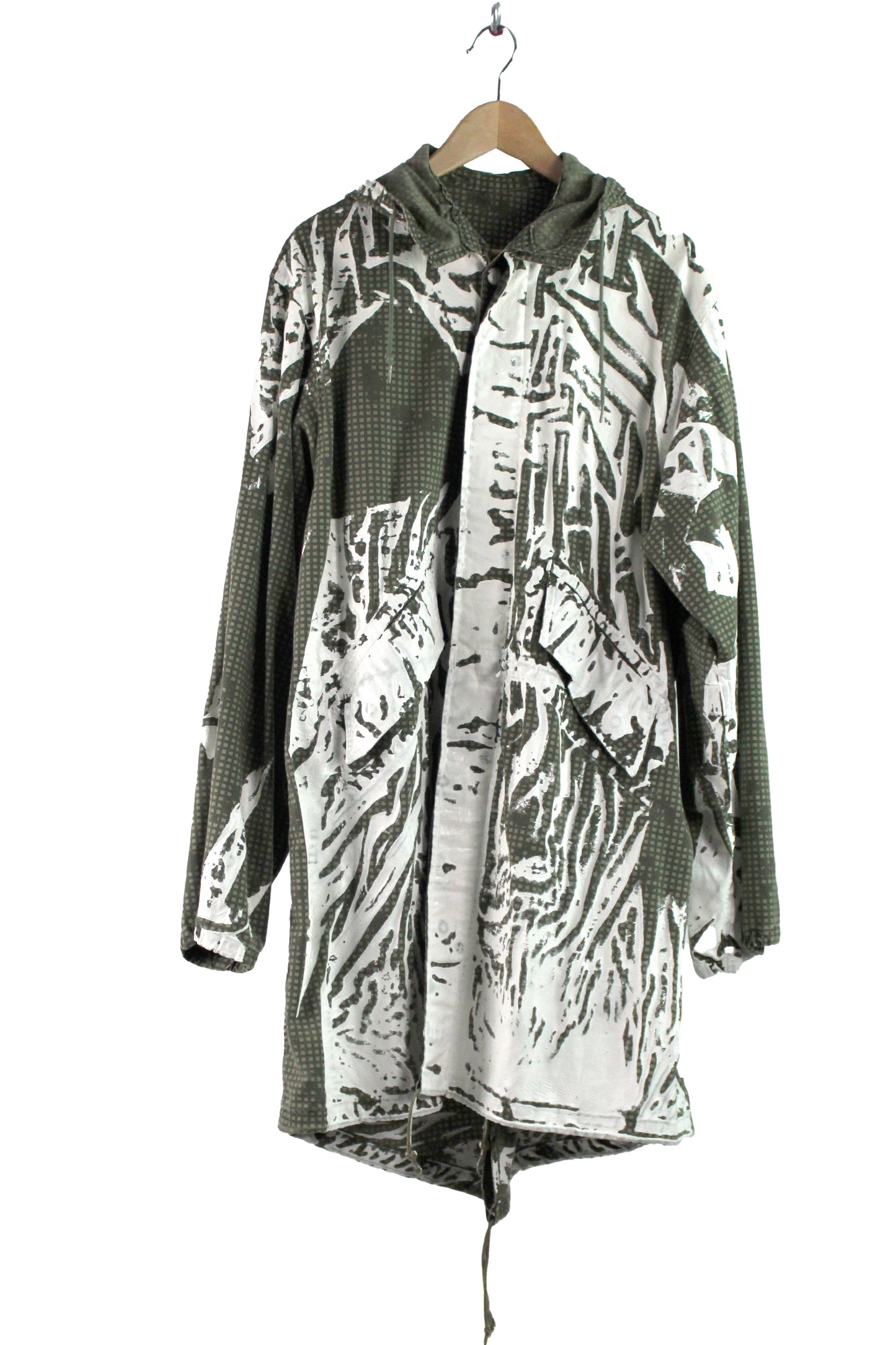 Men's Army Cotton Overcoat Green with One-of-a-kind White Print