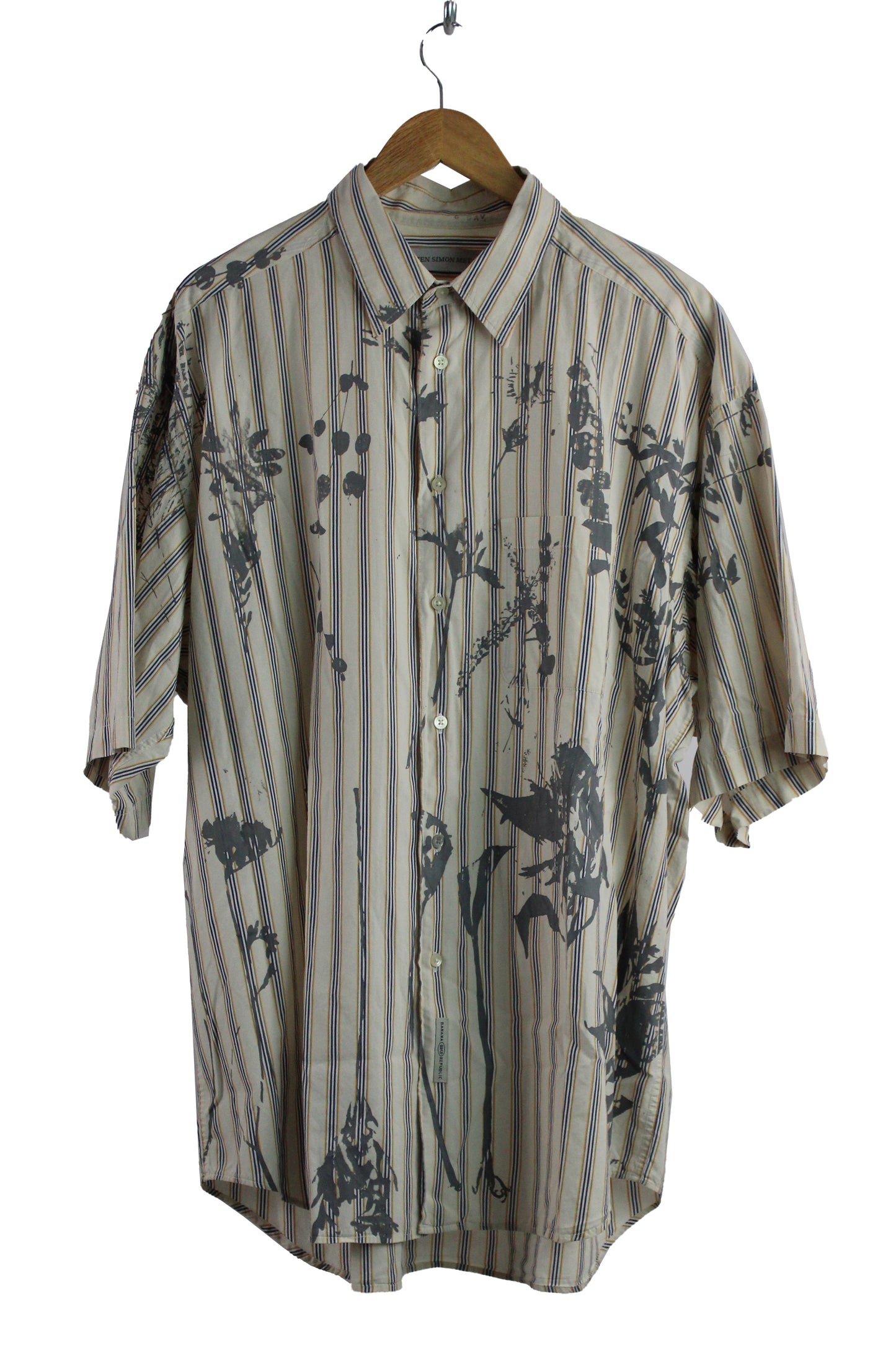Men's Short Sleeve Button Up Shirt Stripe with Grey Print