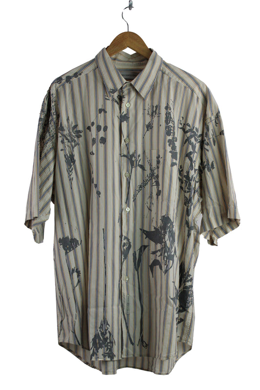 Men's Short Sleeve Button Up Shirt Stripe with Grey Print
