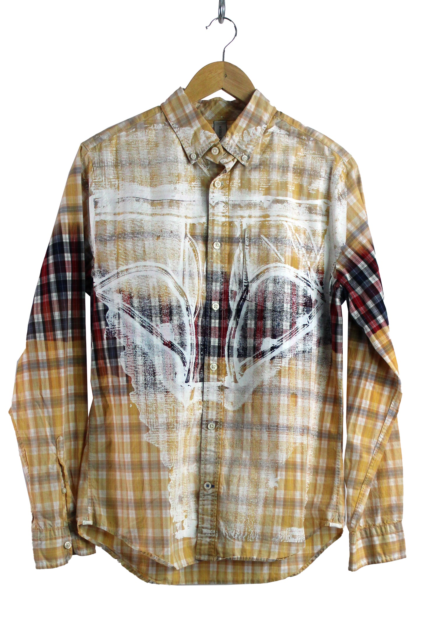 Men's Button Up Red Plaid Faded with White Print