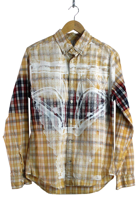 Men's Button Up Red Plaid Faded with White Print