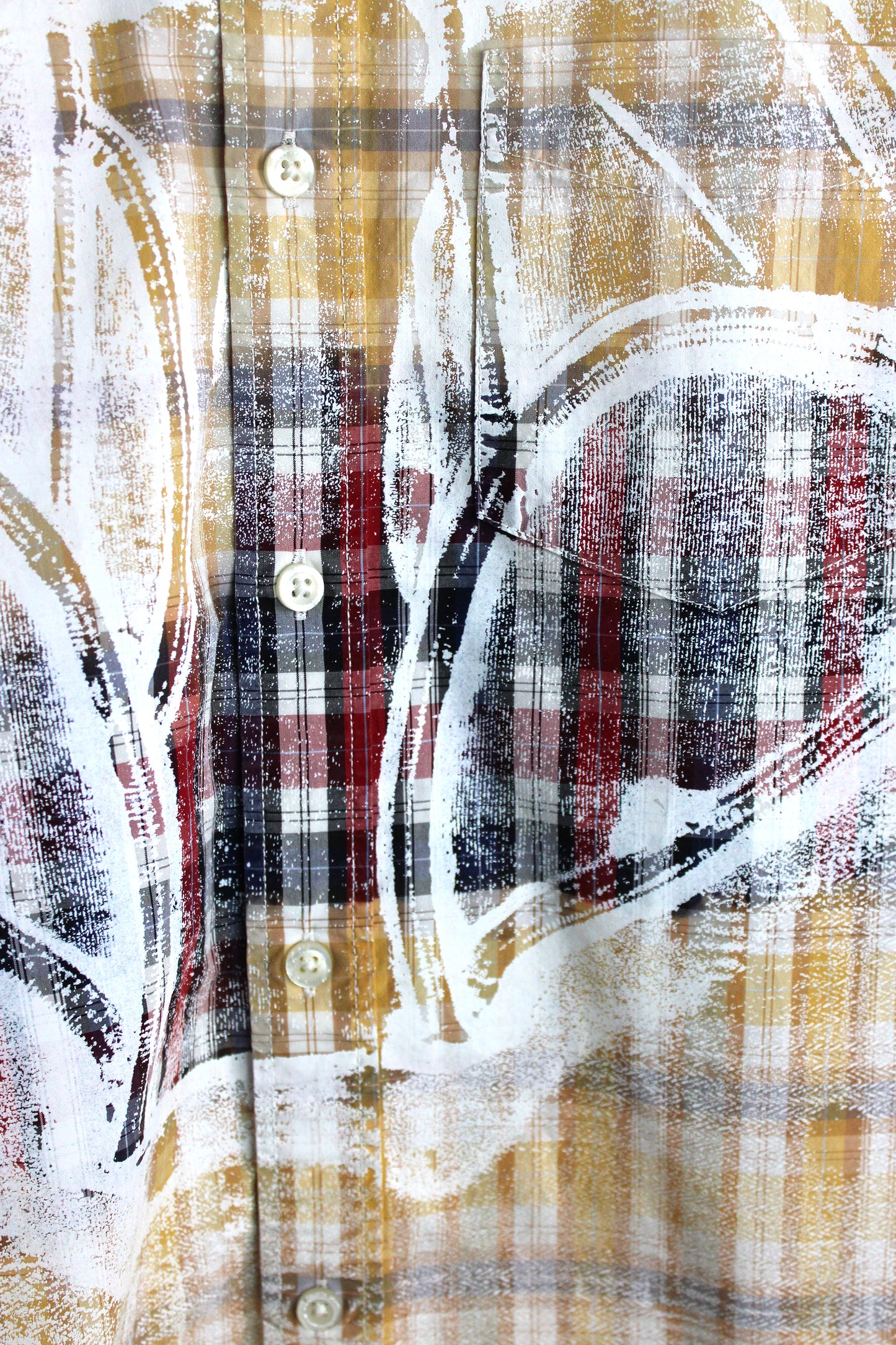 Men's Button Up Red Plaid Faded with White Print