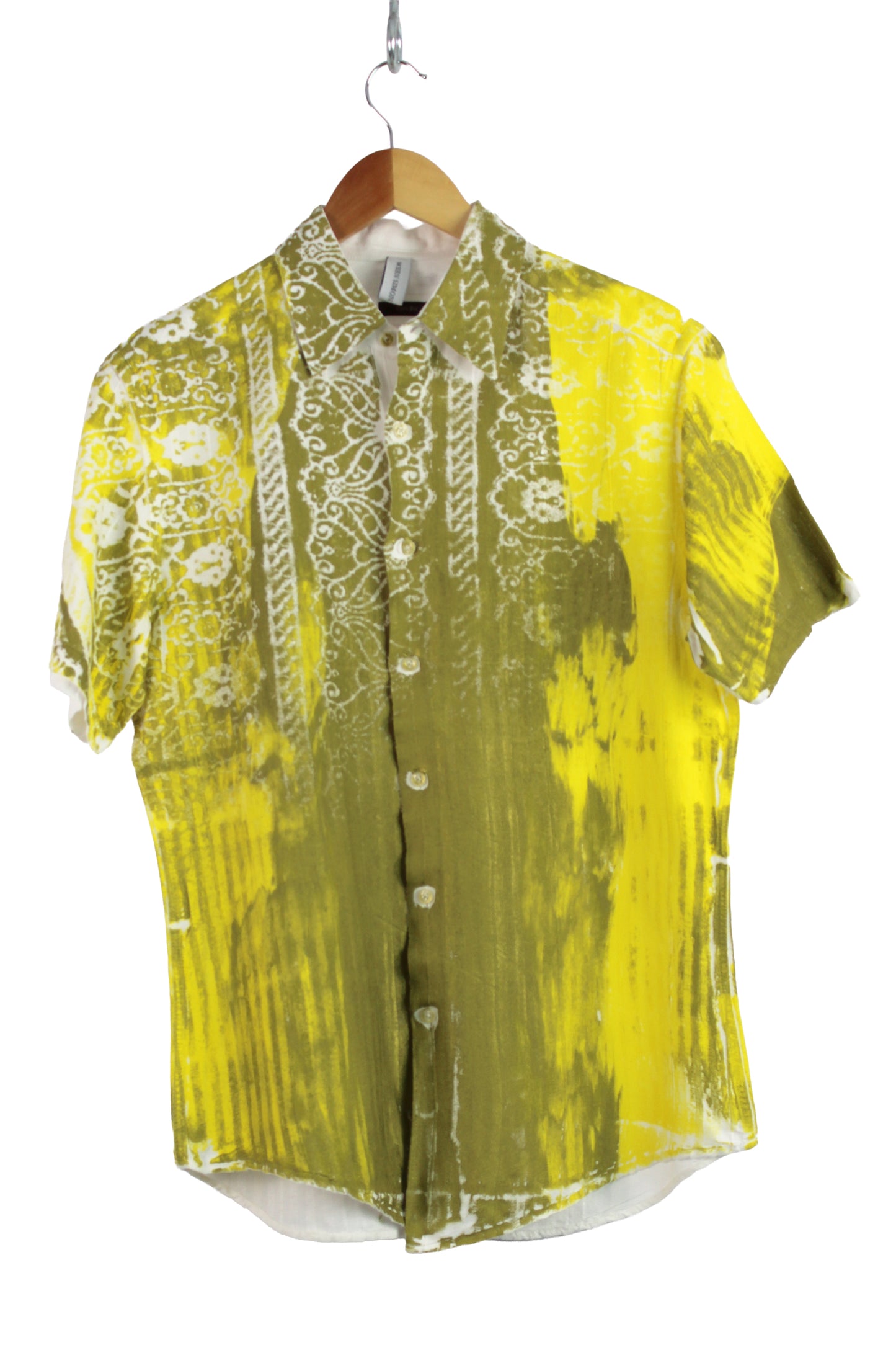 Men's Short Sleeve Button-up White with Yellow and Gold Print