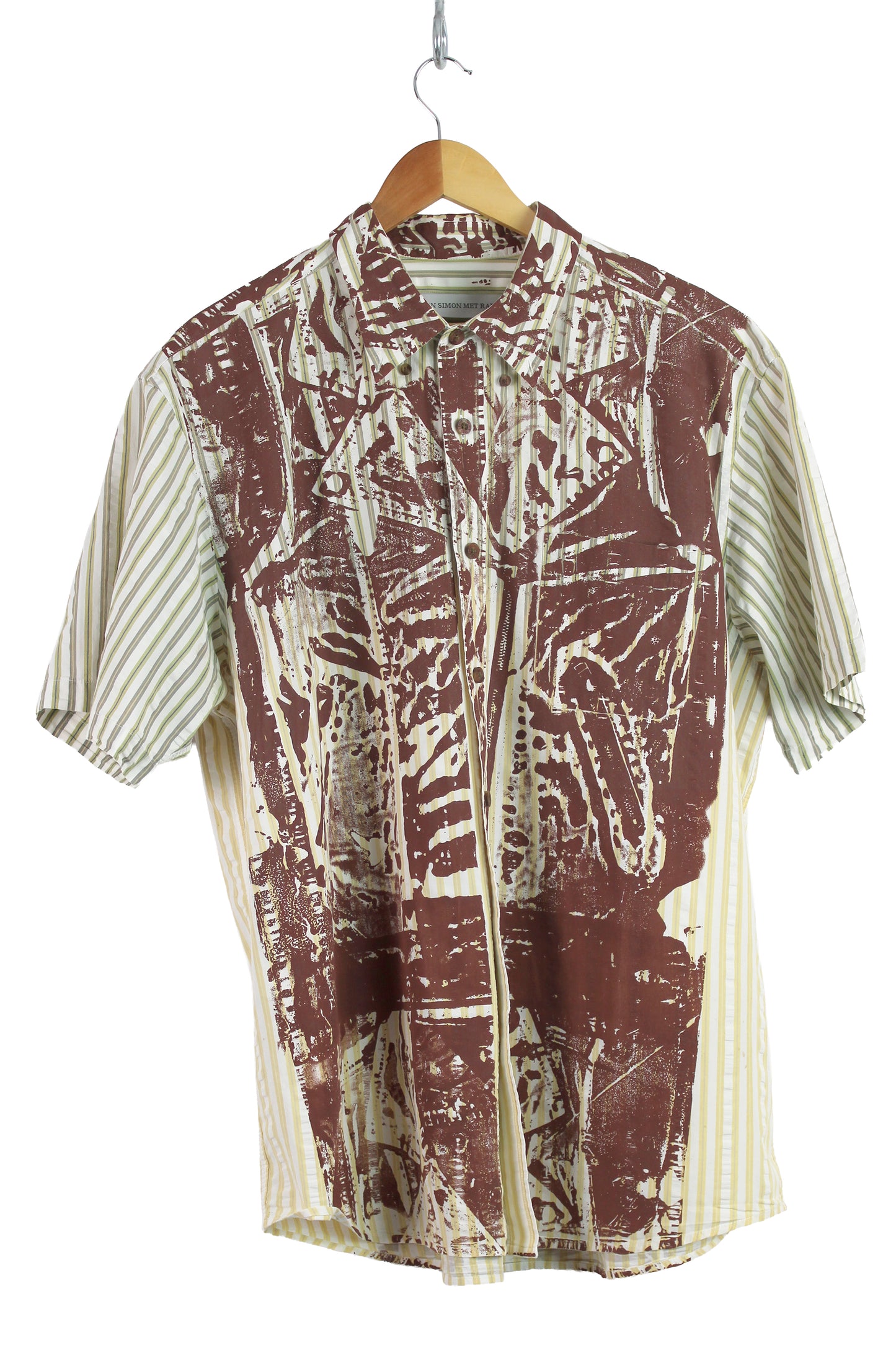 Men's Short Sleeve Button-up Stripe Faded and Brown Print