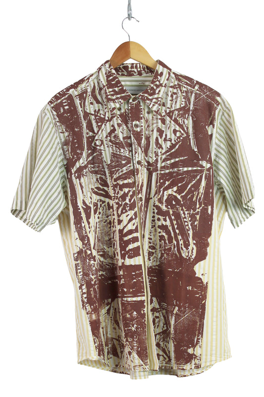 Men's Short Sleeve Button-up Stripe Faded and Brown Print