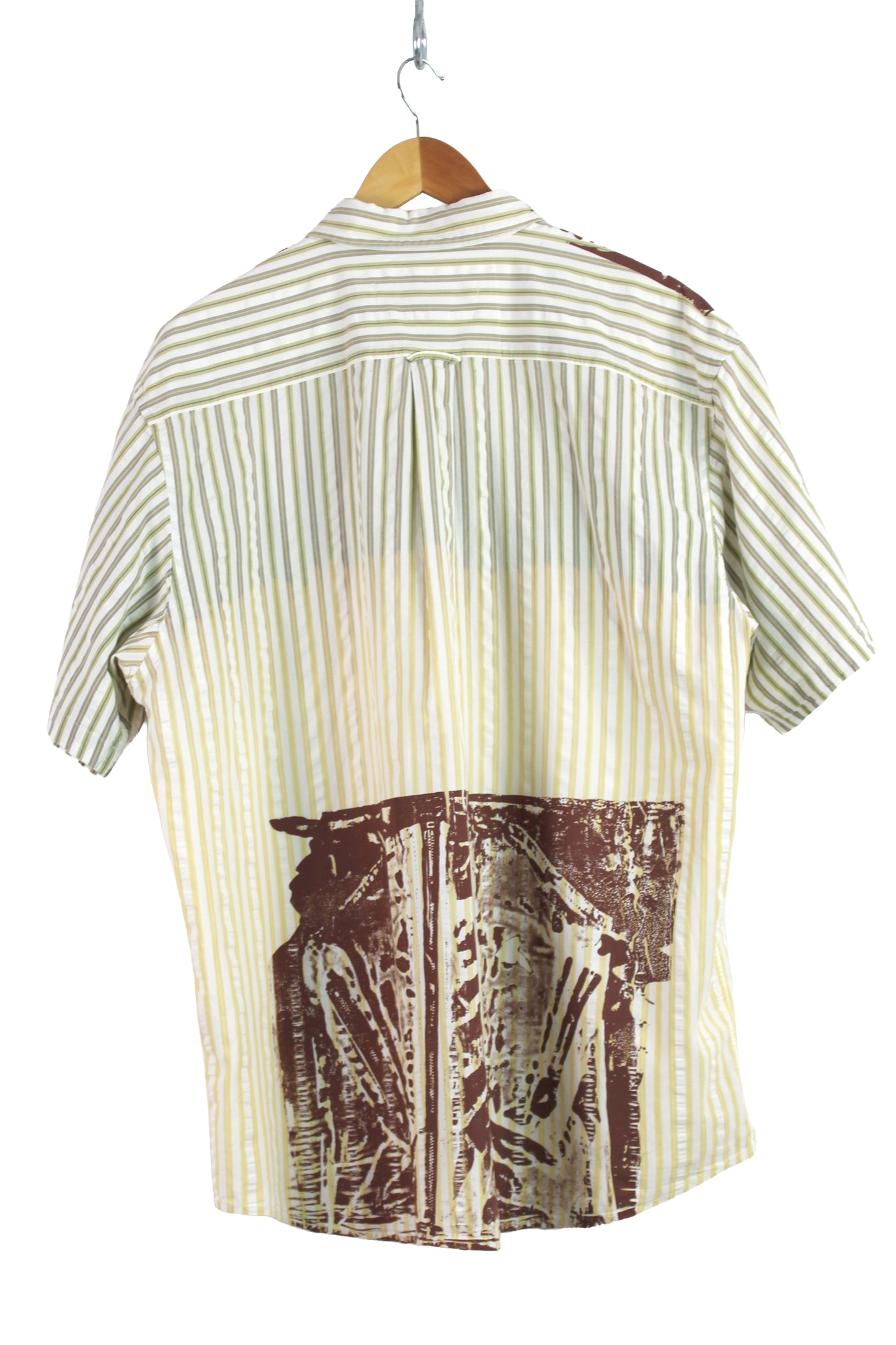 Men's Short Sleeve Button-up Stripe Faded and Brown Print