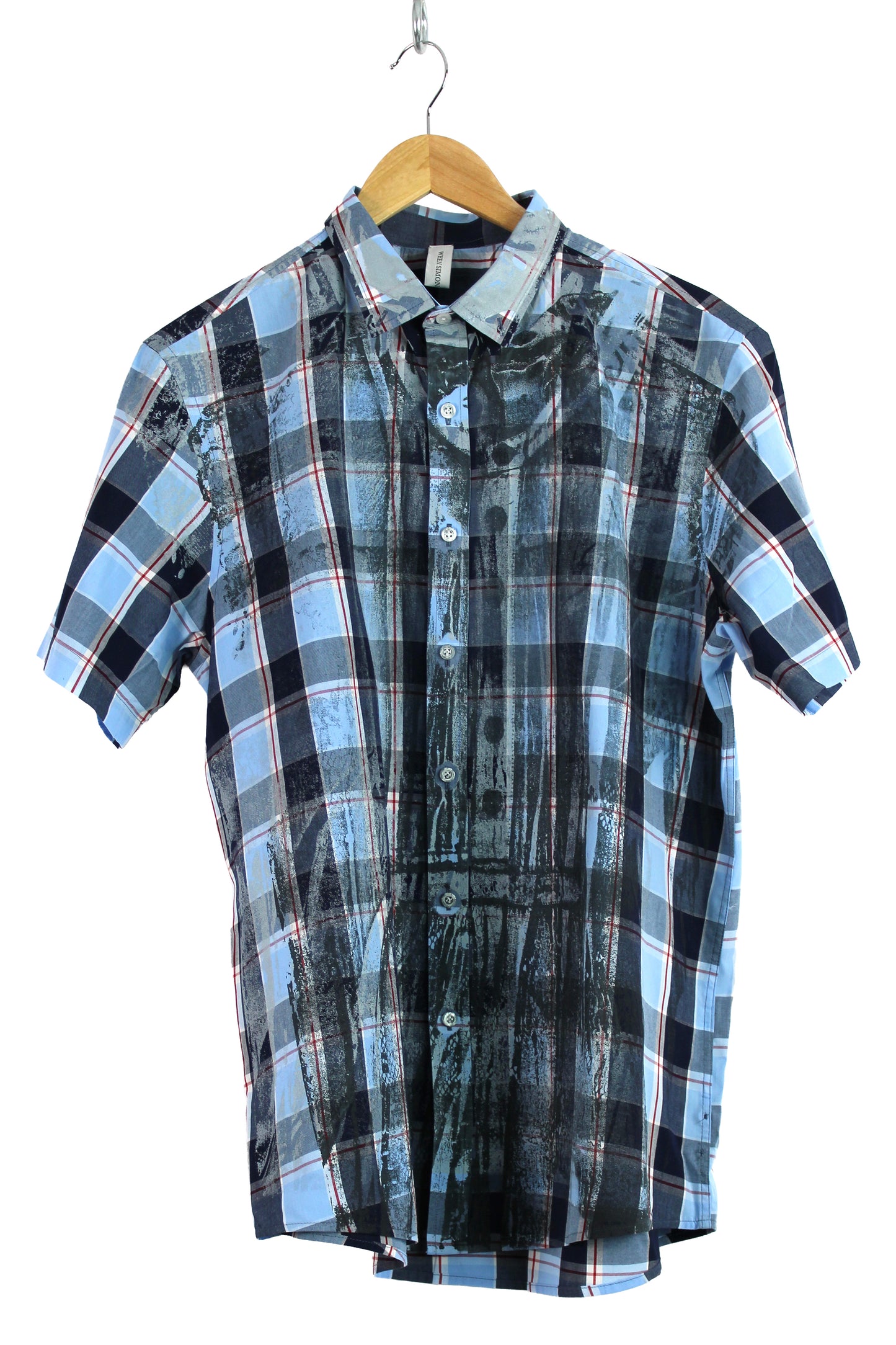 Men's Short Sleeve Button-up Blue Plaid with Navy and Silver Print