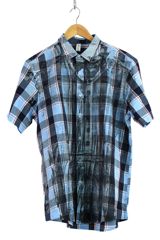 Men's Short Sleeve Button-up Blue Plaid with Navy and Silver Print