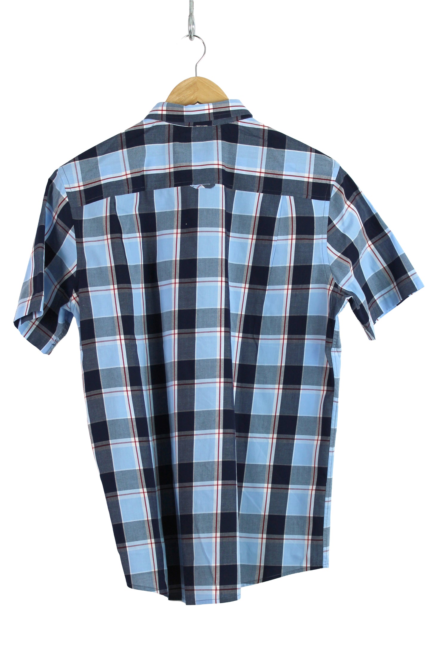 Men's Short Sleeve Button-up Blue Plaid with Navy and Silver Print