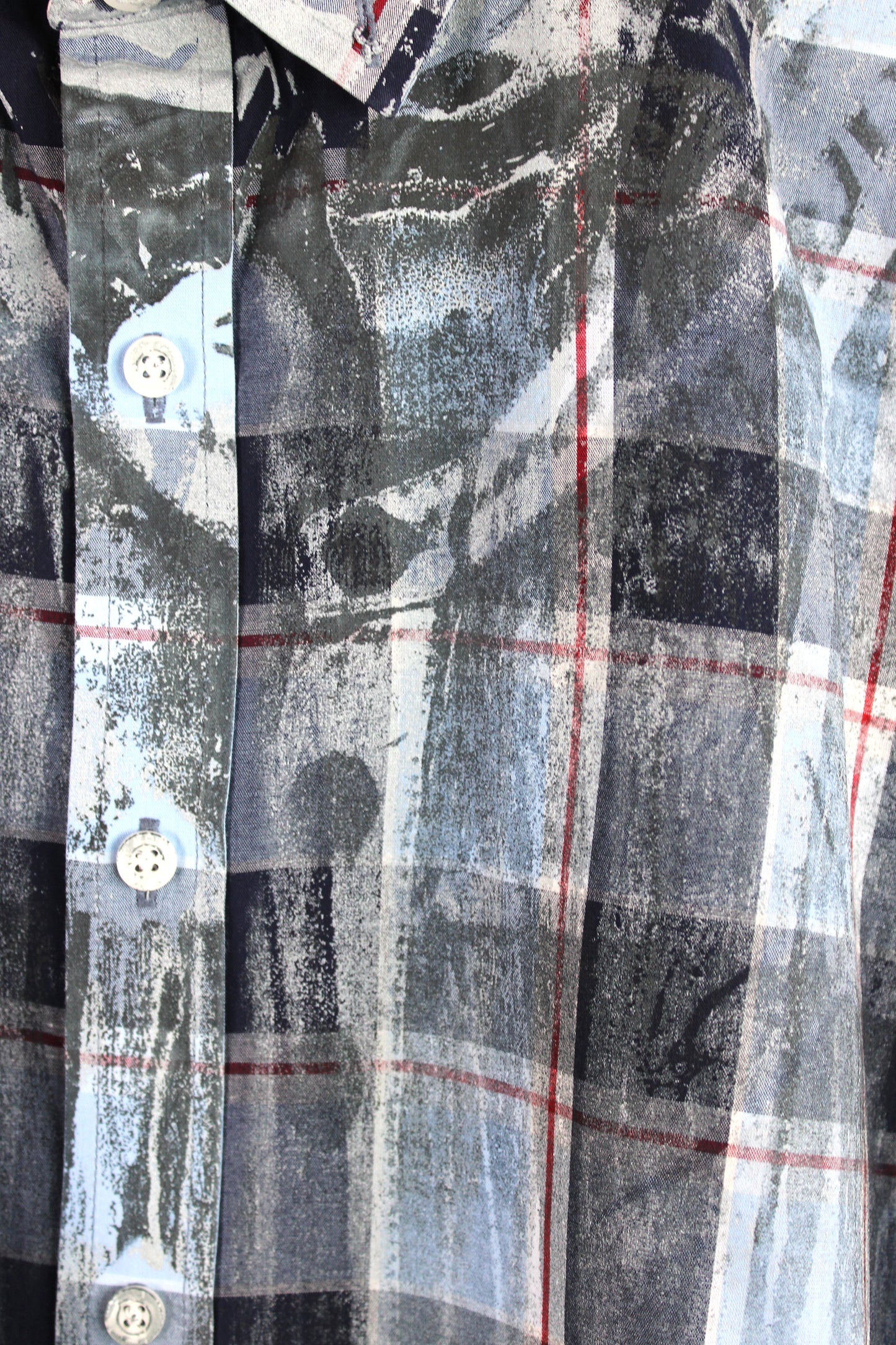 Men's Short Sleeve Button-up Blue Plaid with Navy and Silver Print