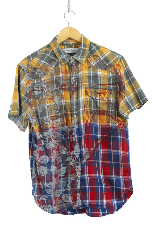 Men's Short Sleeve Button-up Plaid Faded with Red and Silver Print