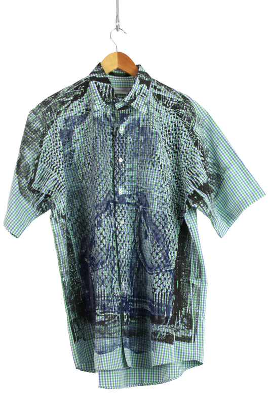 Men's Short Sleeve Button-up Gingham with Blue and Black Print