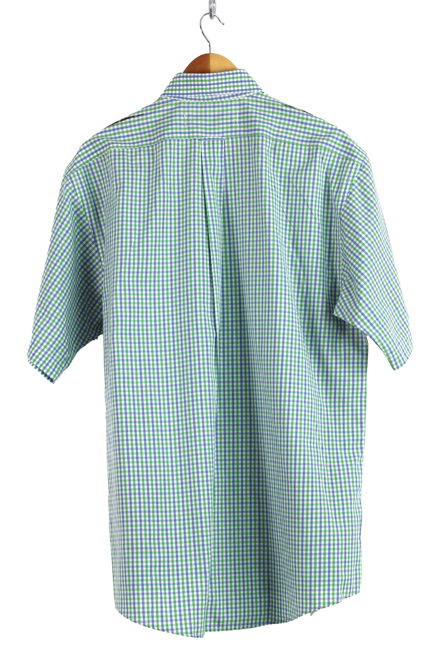 Men's Short Sleeve Button-up Gingham with Blue and Black Print
