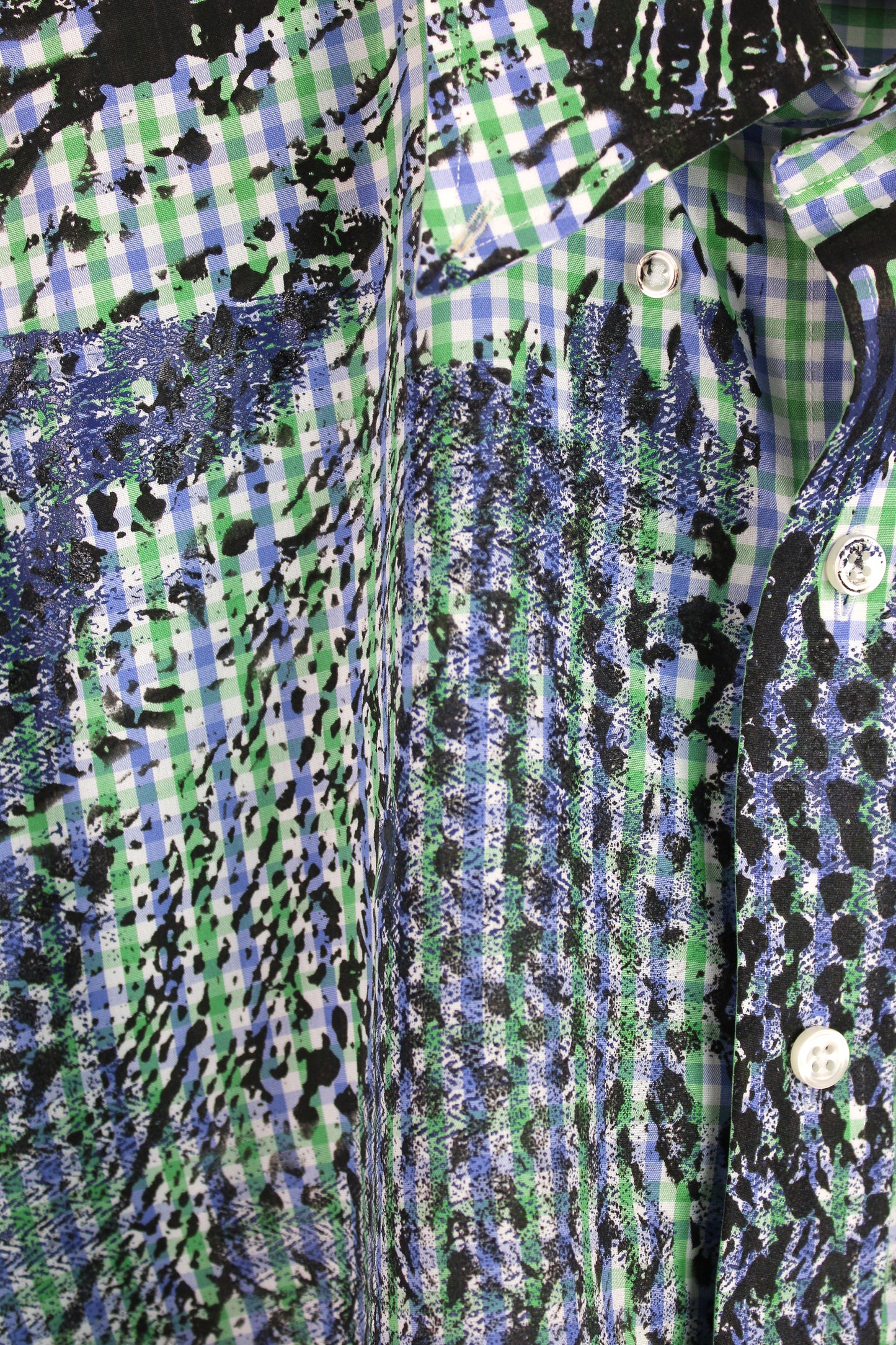 Men's Short Sleeve Button-up Gingham with Blue and Black Print