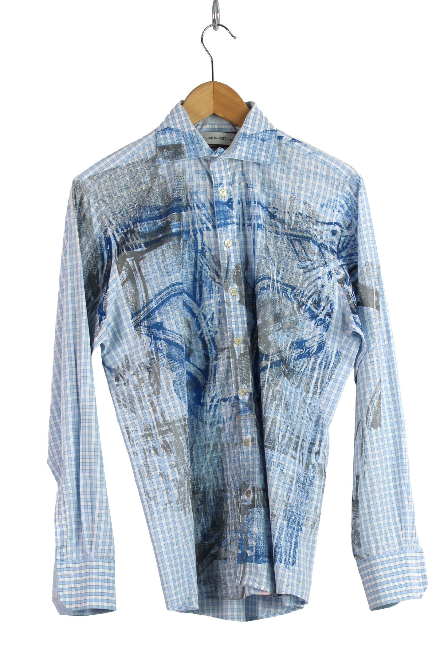Men's Long Sleeve Button-up Gingham with Blue and Silver Print