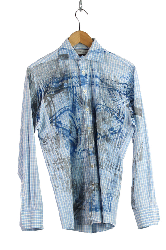 Men's Long Sleeve Button-up Gingham with Blue and Silver Print