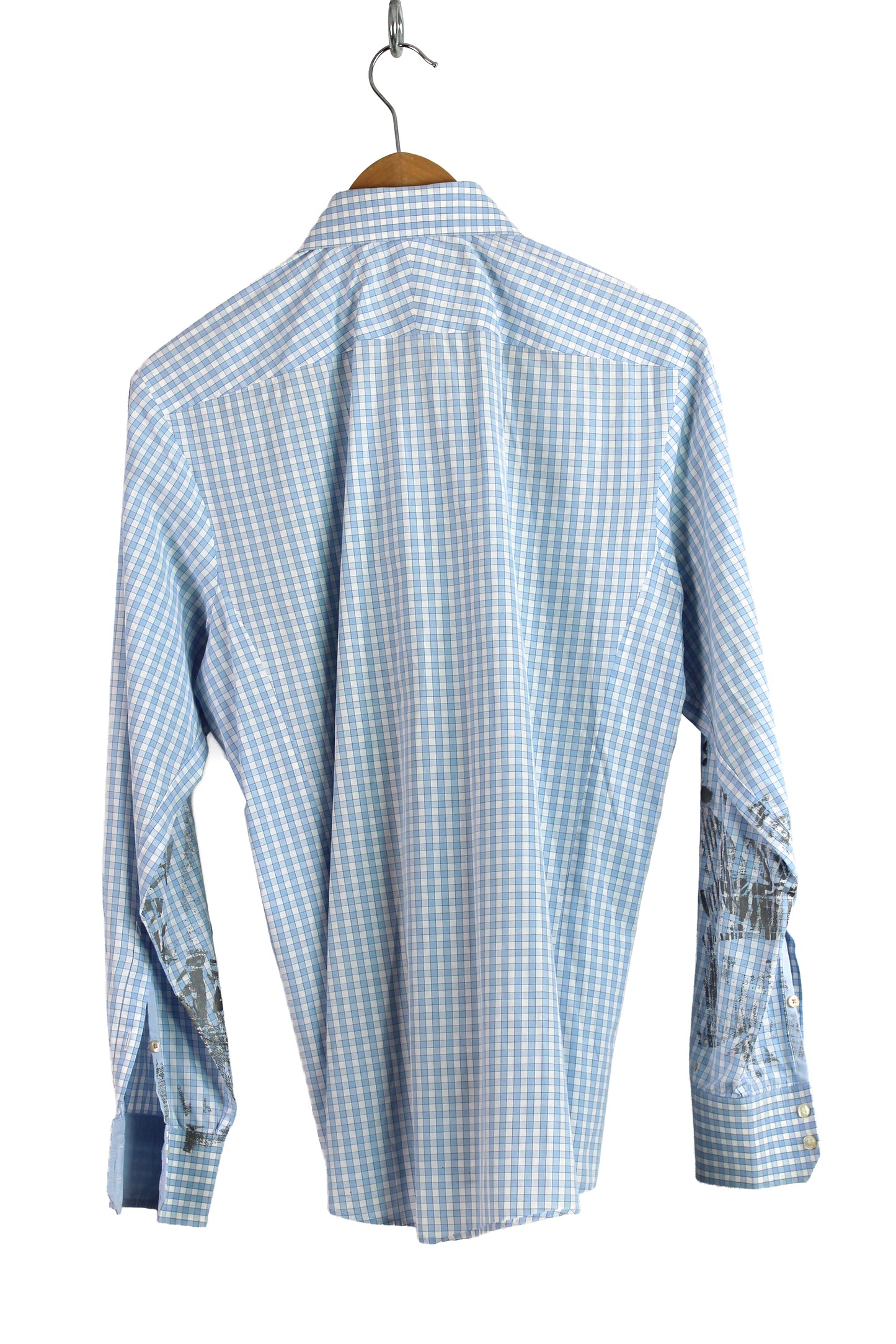 Men's Long Sleeve Button-up Gingham with Blue and Silver Print