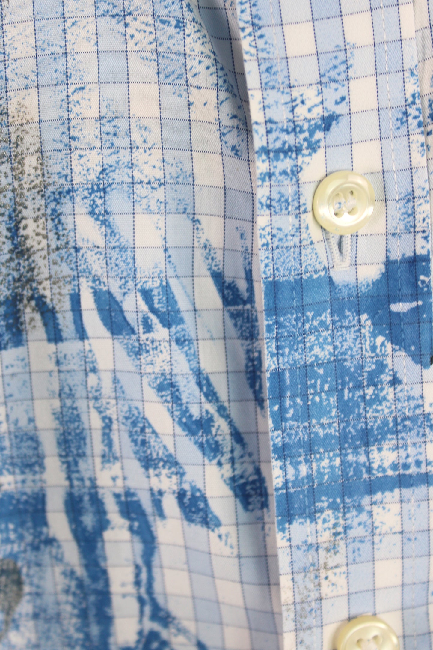 Men's Long Sleeve Button-up Gingham with Blue and Silver Print