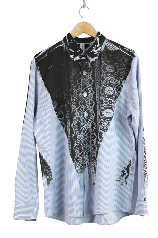Men's Long Sleeve Button-up Blue Stripe with Black Print
