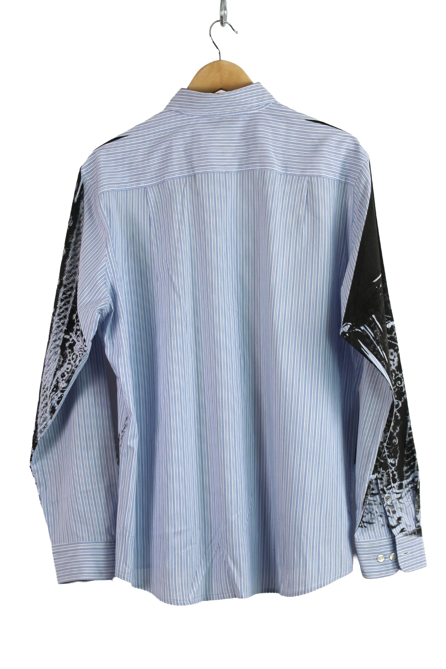 Men's Long Sleeve Button-up Blue Stripe with Black Print