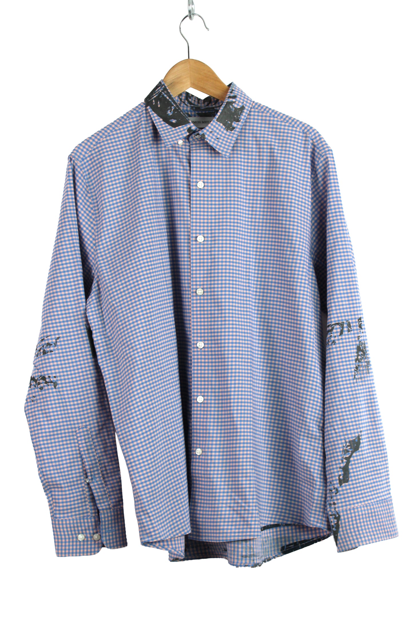 Men's Long Sleeve Button-up Pink/ Blue Gingham with Pewter Print