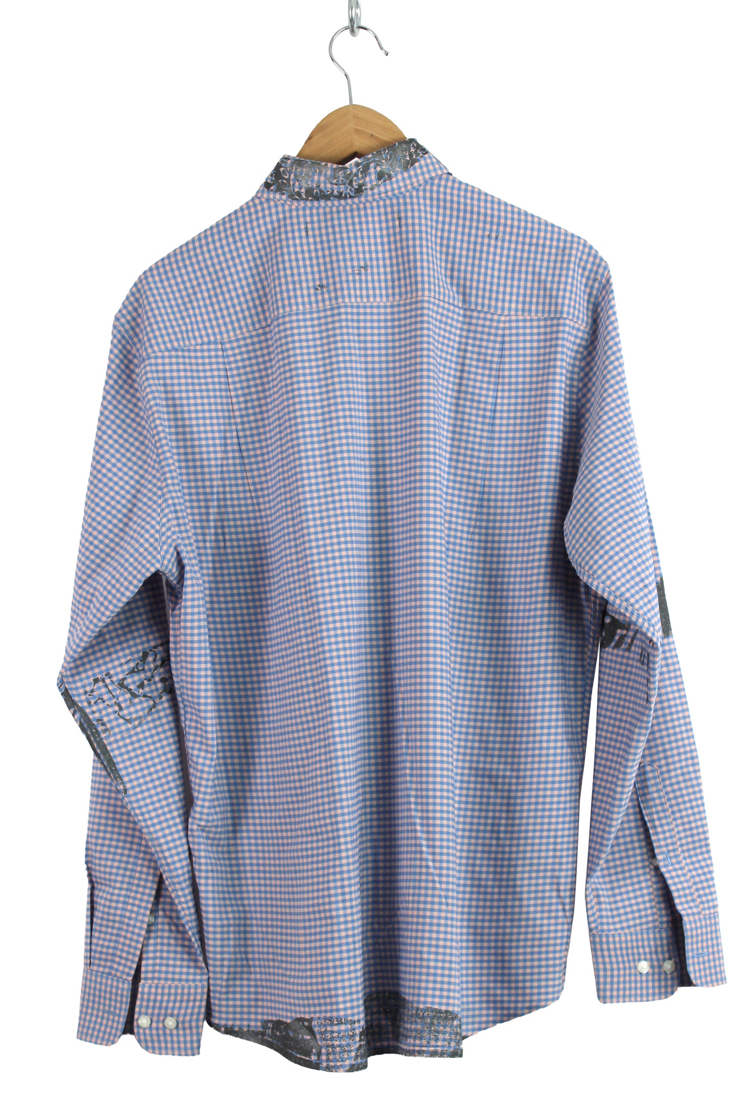 Men's Long Sleeve Button-up Pink/ Blue Gingham with Pewter Print