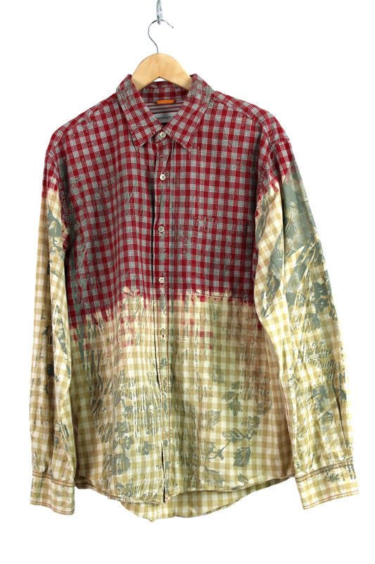 Men's Long Sleeve Button-up Red Faded Plaid with Grey Print