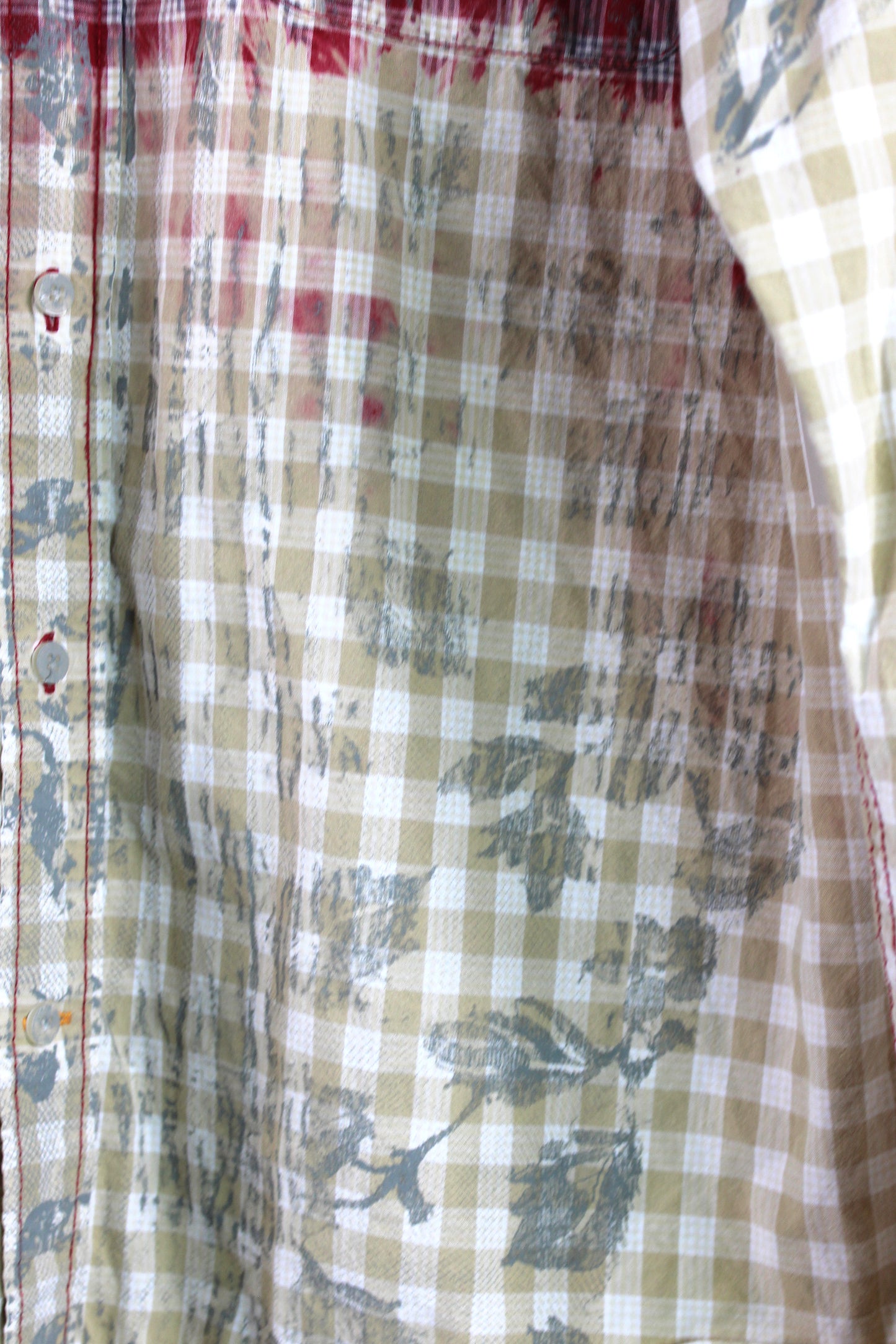 Men's Long Sleeve Button-up Red Faded Plaid with Grey Print