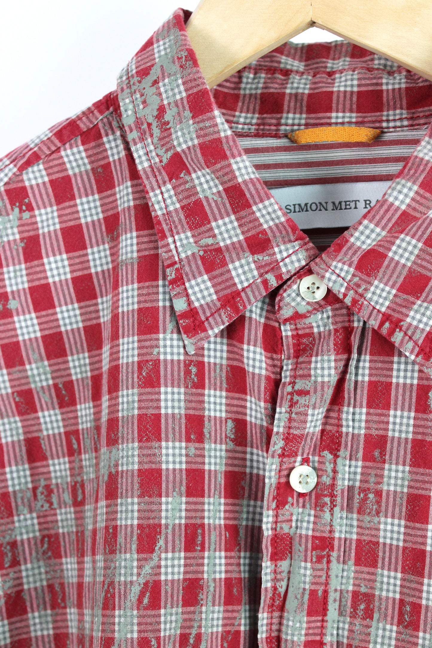 Men's Long Sleeve Button-up Red Faded Plaid with Grey Print