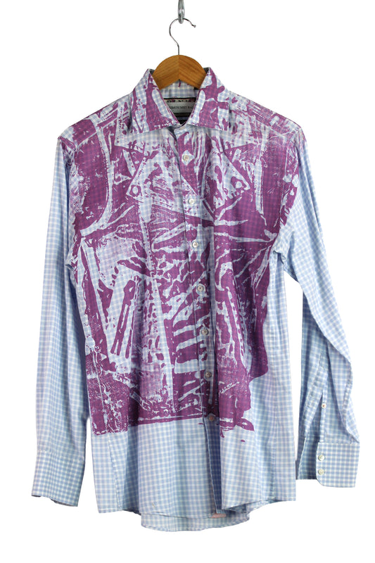 Men's Long Sleeve Button-up Gingham Blue with Pink Print