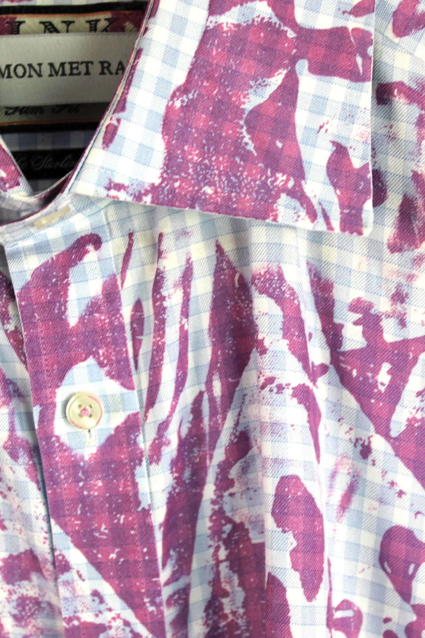 Men's Long Sleeve Button-up Gingham Blue with Pink Print