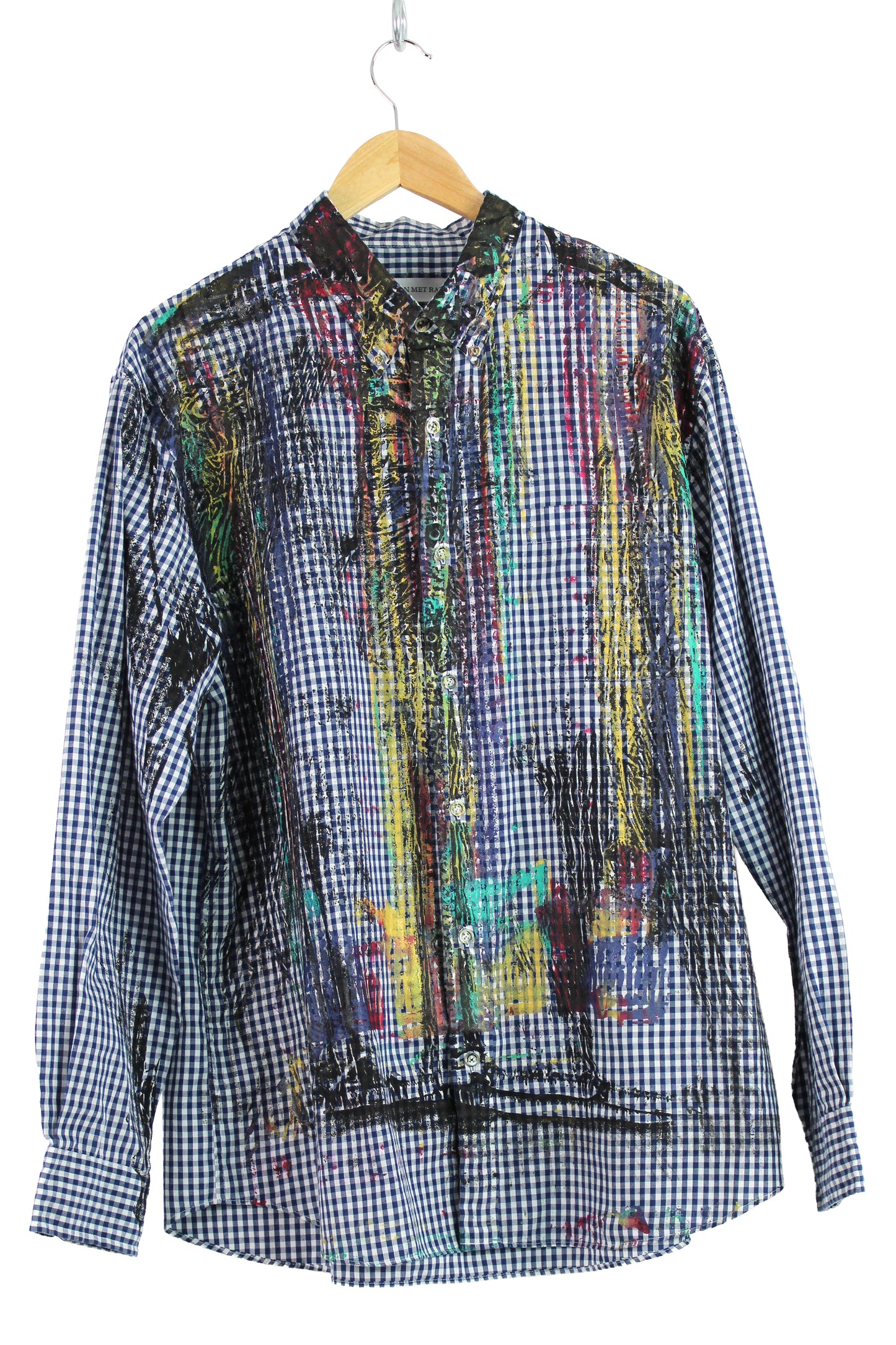Men's Long Sleeve Button-up Gingham Blue with Multi-color Print