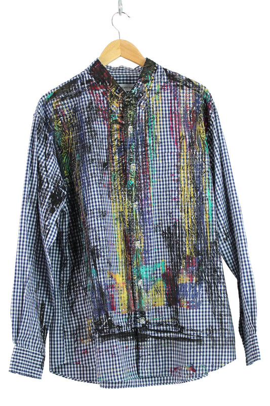 Men's Long Sleeve Button-up Gingham Blue with Multi-color Print