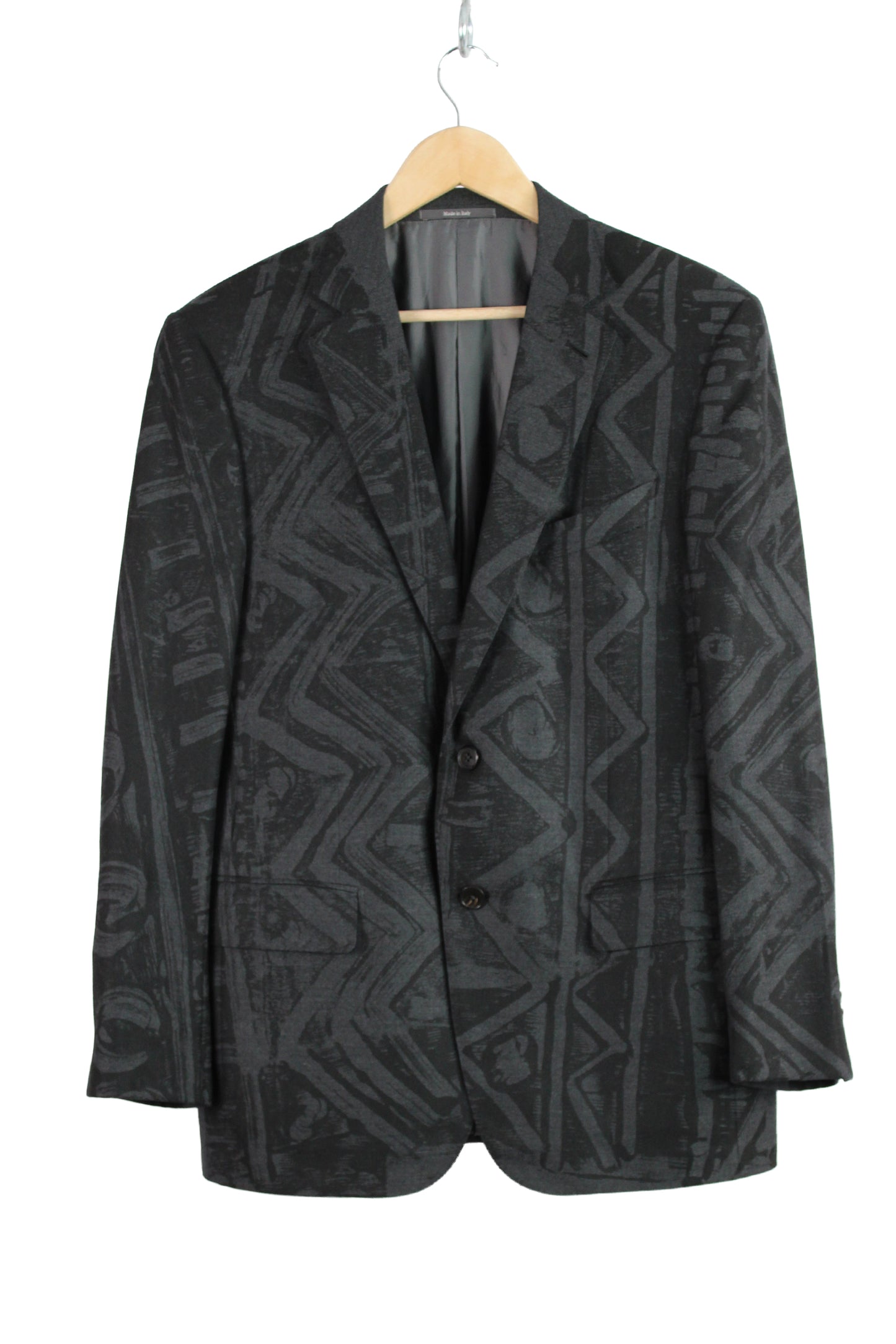Men's Wool Blazer Grey with One-of-a-kind Mono print in Black