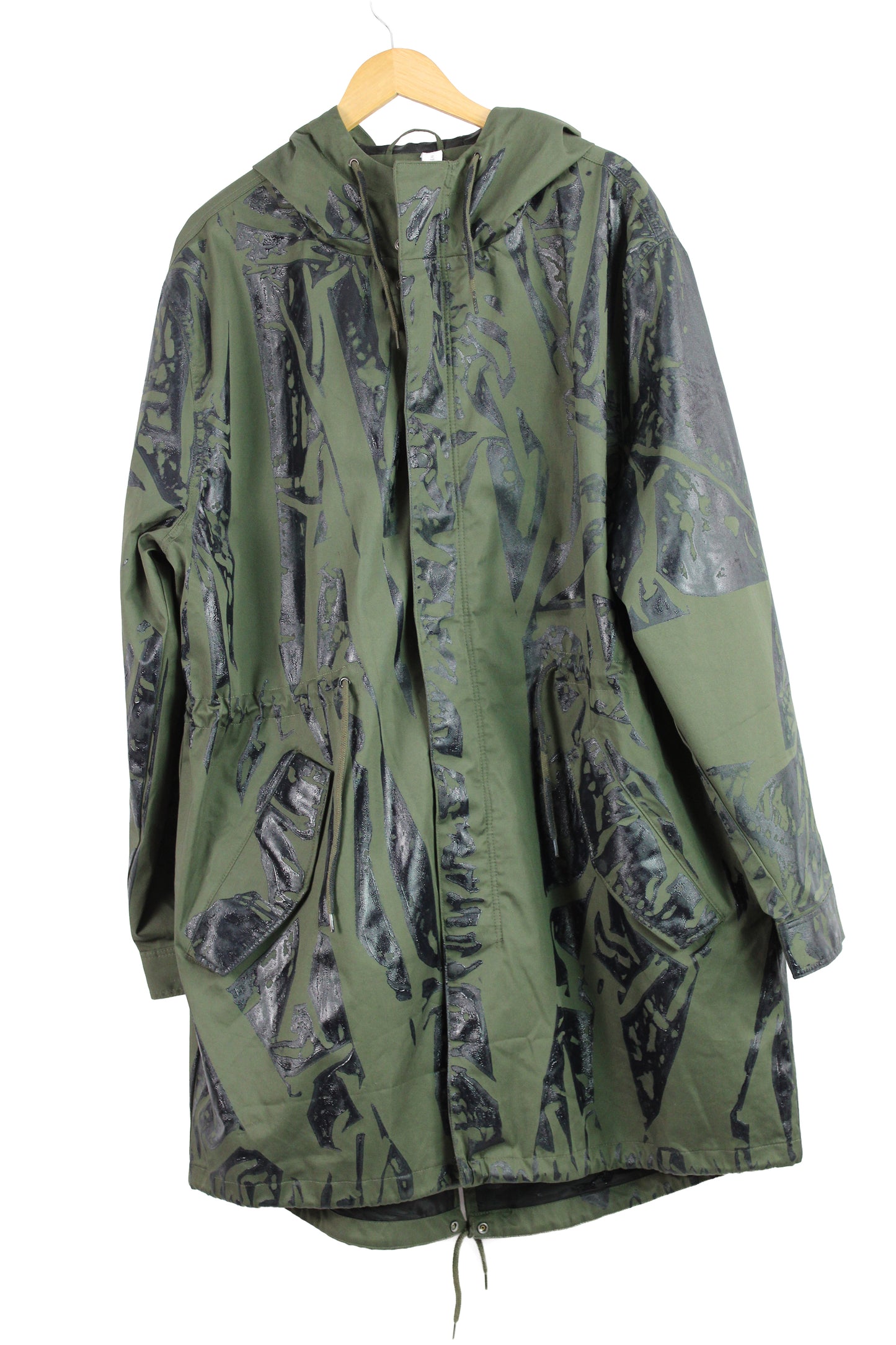 Men's Cotton Rain Coat Green with One-of-a-kind Navy Print