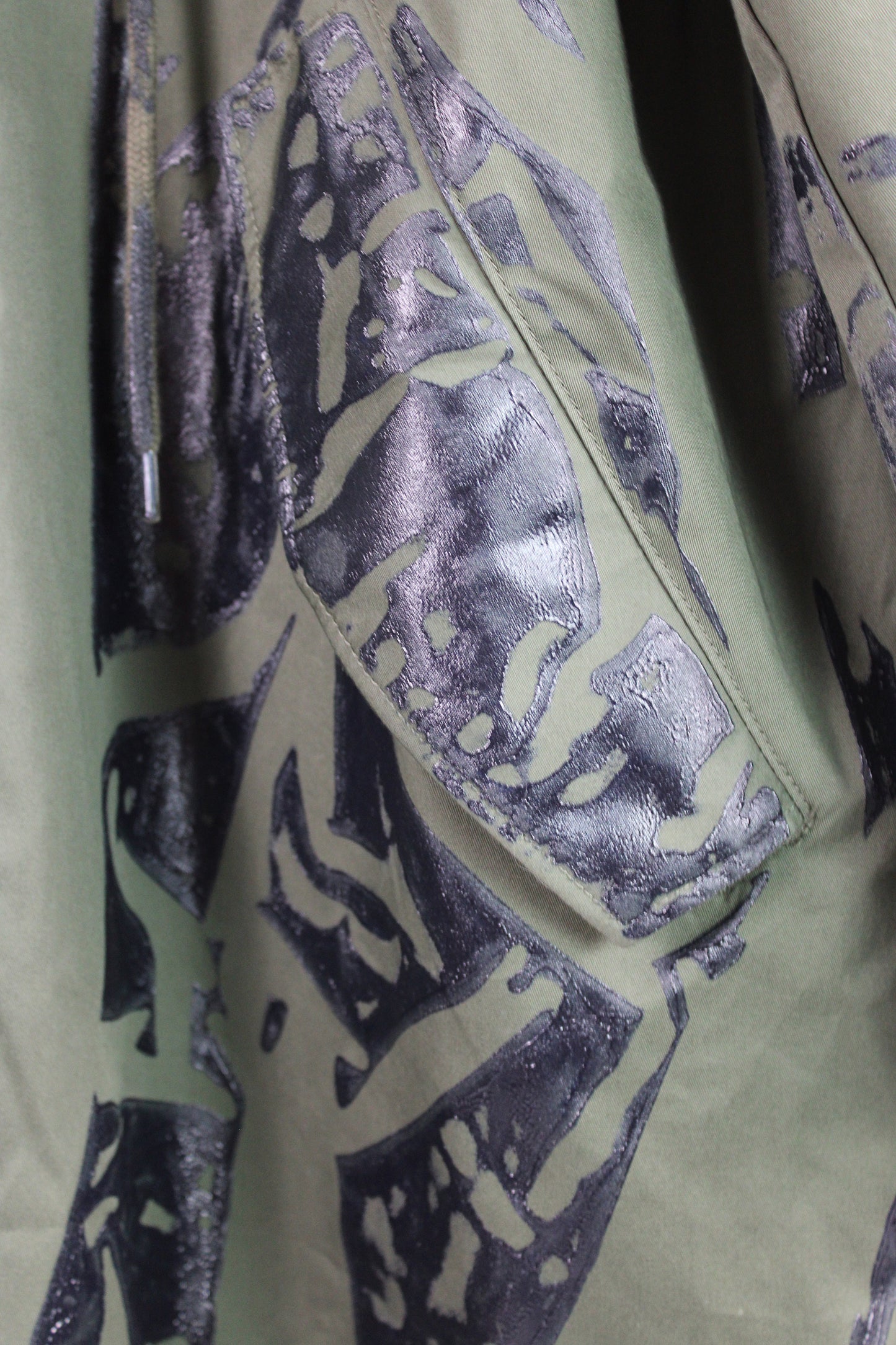 Men's Cotton Rain Coat Green with One-of-a-kind Navy Print