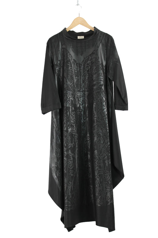 Lois Samuels Black Silk and Wool Dress with Black Lace Print