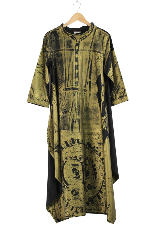 Lois Samuels Black Wool and Silk Dress with Gold Simon Ungless Print