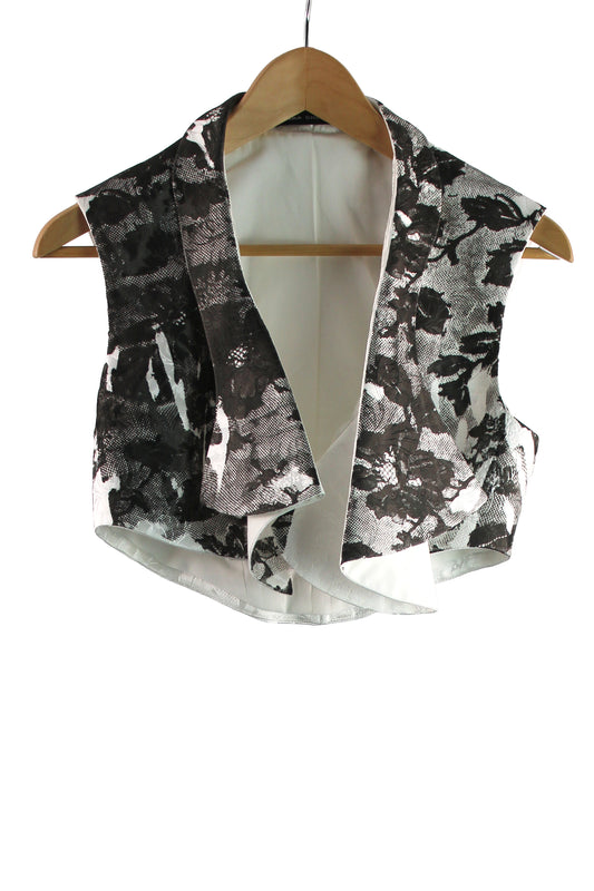 Tailored White Silk Jacquard Vest with Black Print