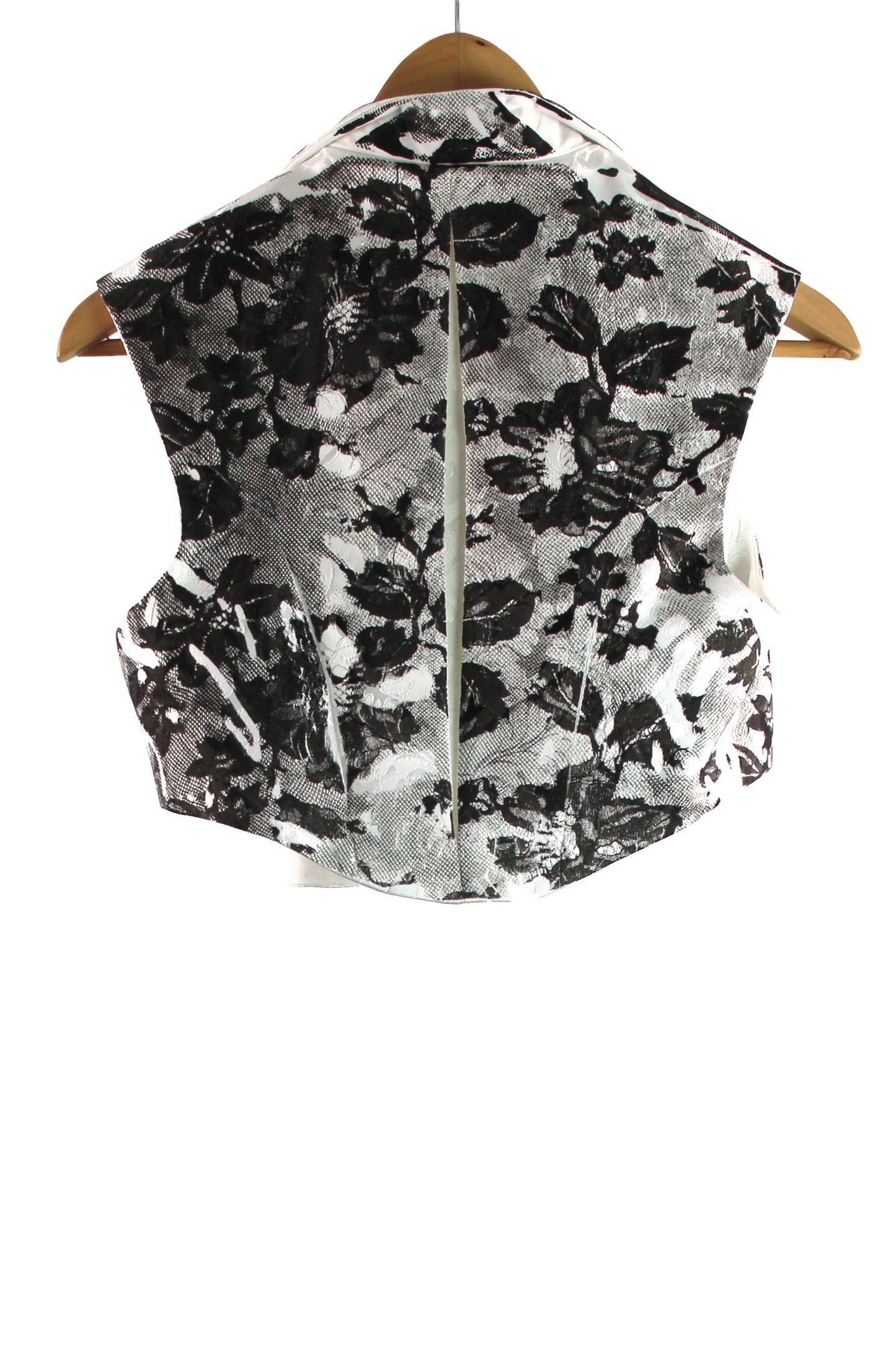 Tailored White Silk Jacquard Vest with Black Print