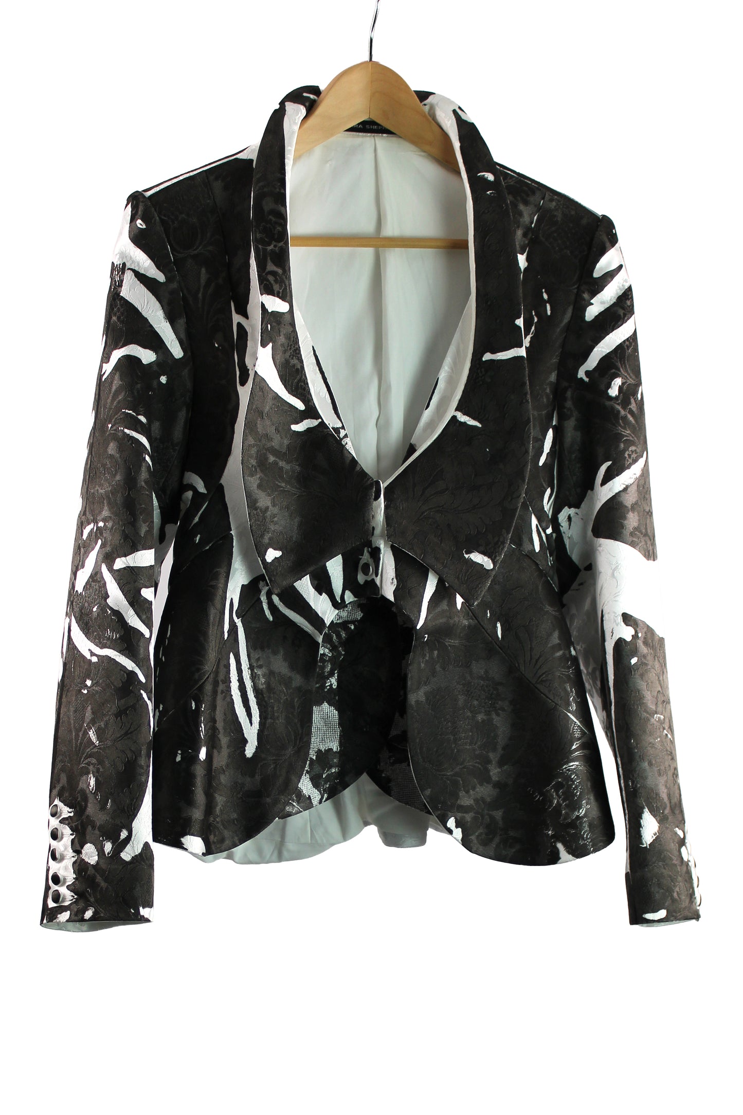 White Silk Jacquard Tailored Jacket with Black Print