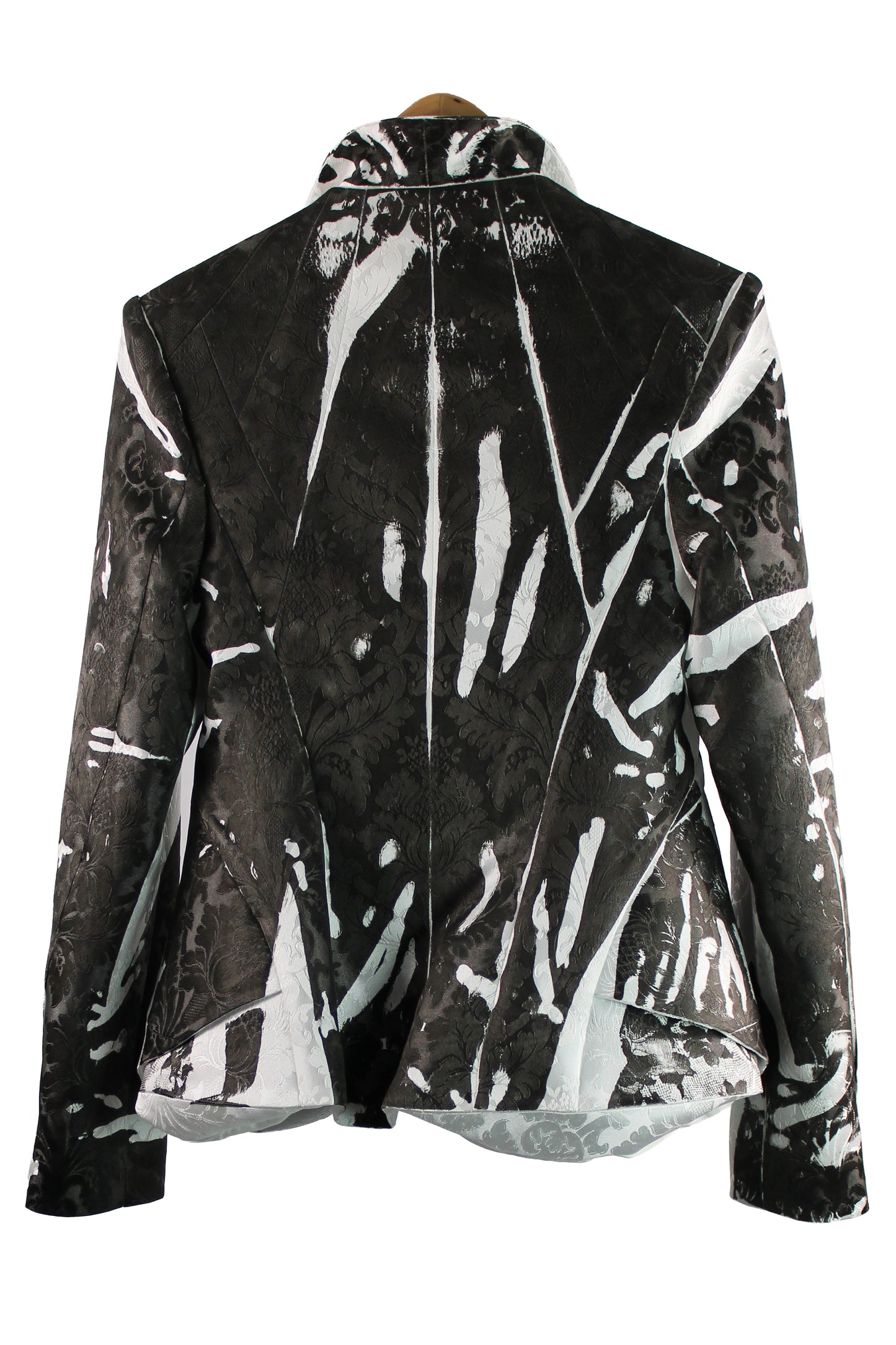 White Silk Jacquard Tailored Jacket with Black Print