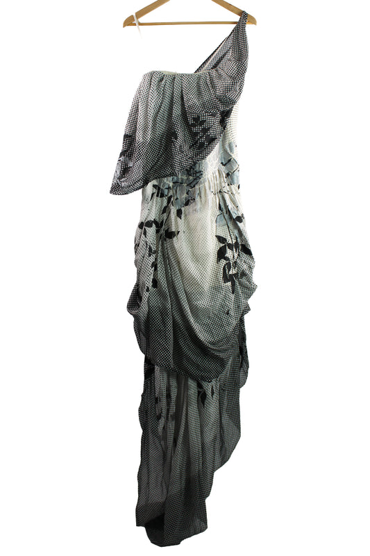 Black and White Fine Wool Dress with Floral Print