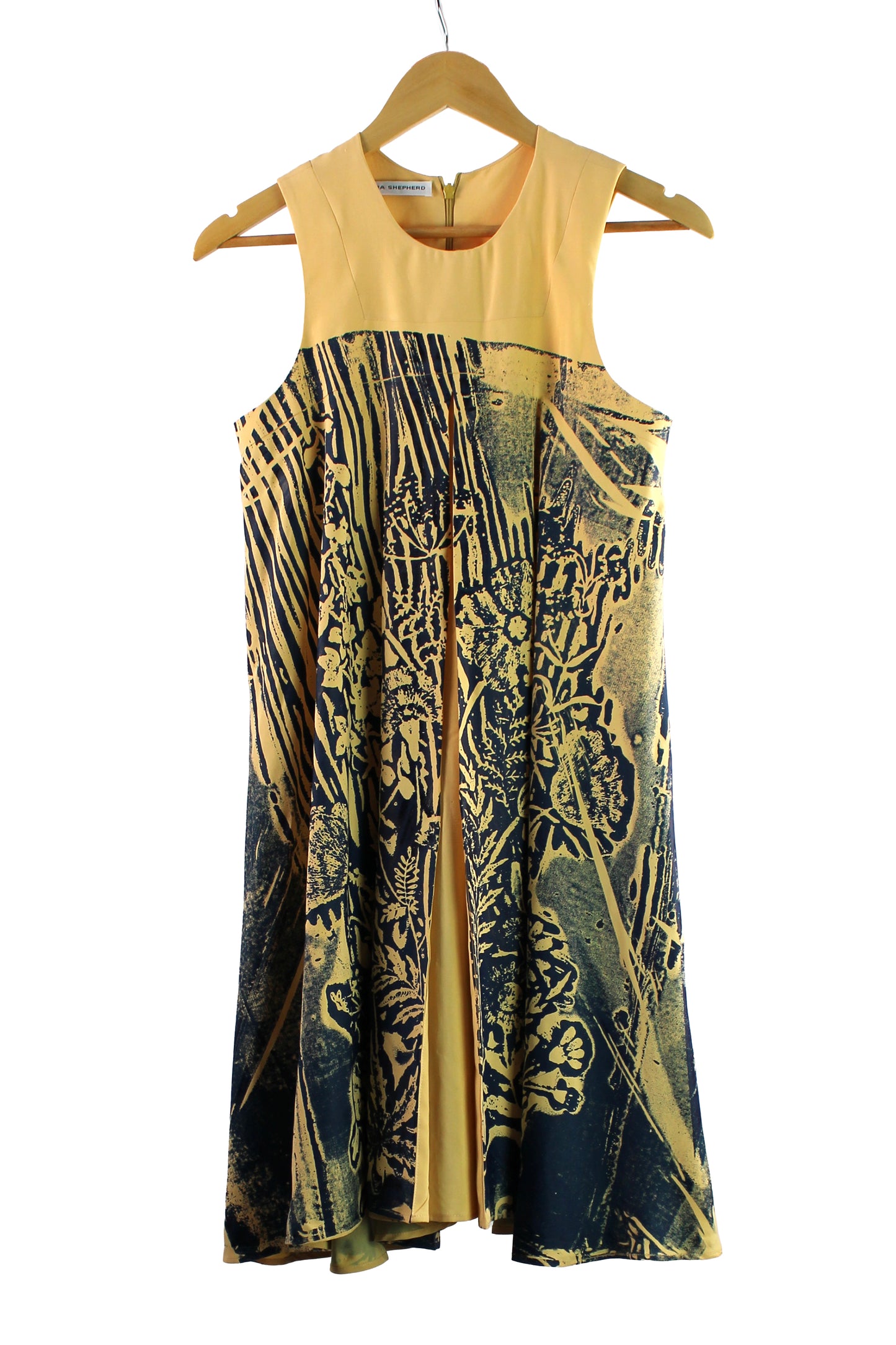 Yellow Viscose Dress with Navy Print