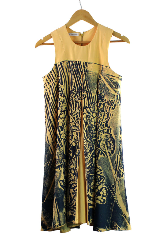 Yellow Viscose Dress with Navy Print