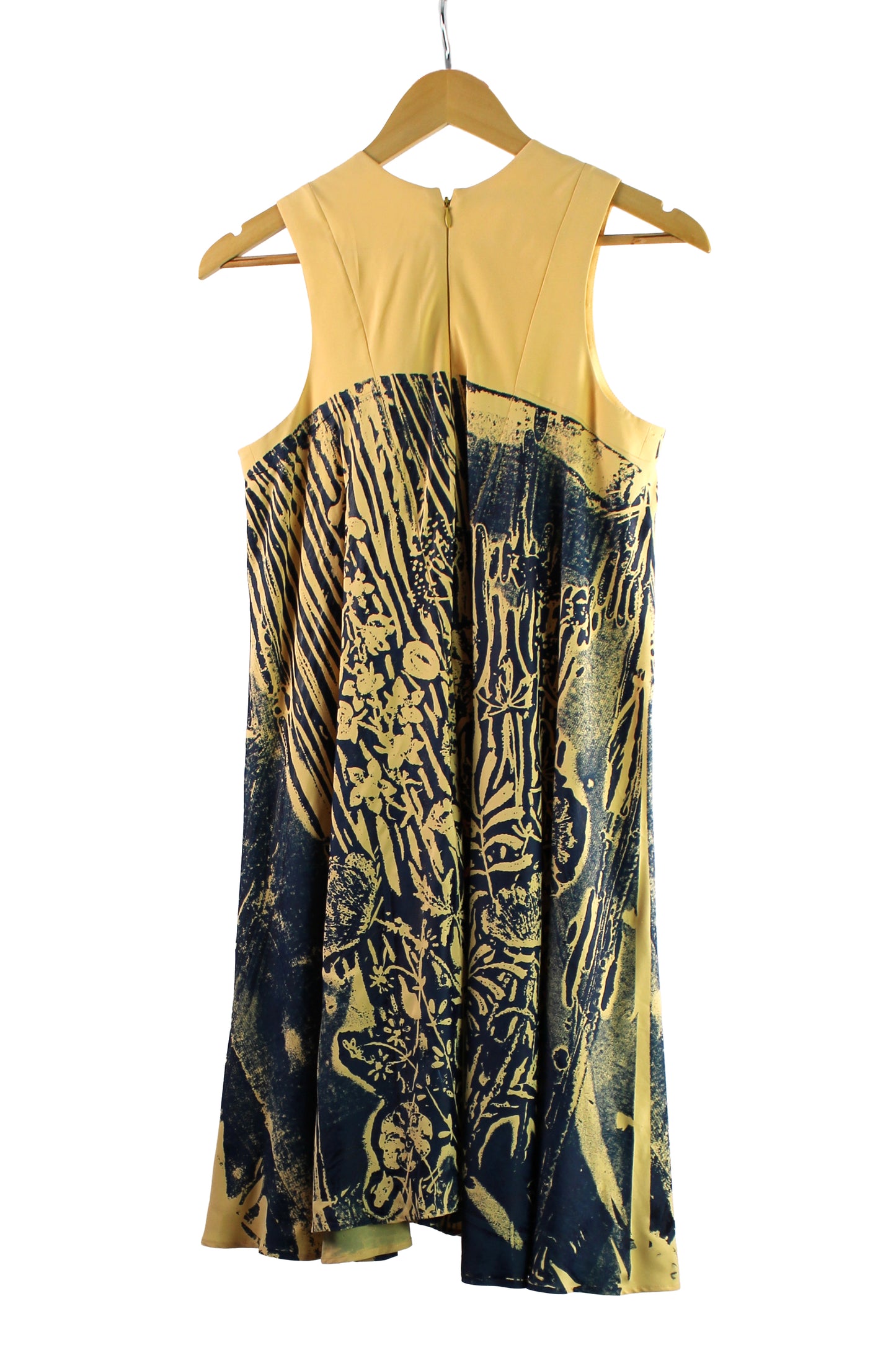 Yellow Viscose Dress with Navy Print