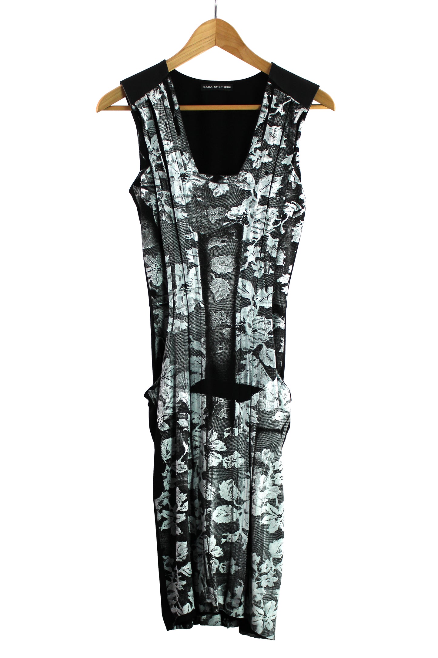 Sleeveless Black Viscose Dress with White Print